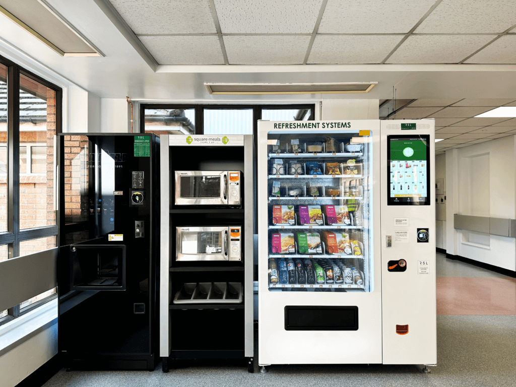 Intelligent vending and coffee machine hot food vending machine and a bean to cup instant coffee vending machine for healthcare sector and hospitals option