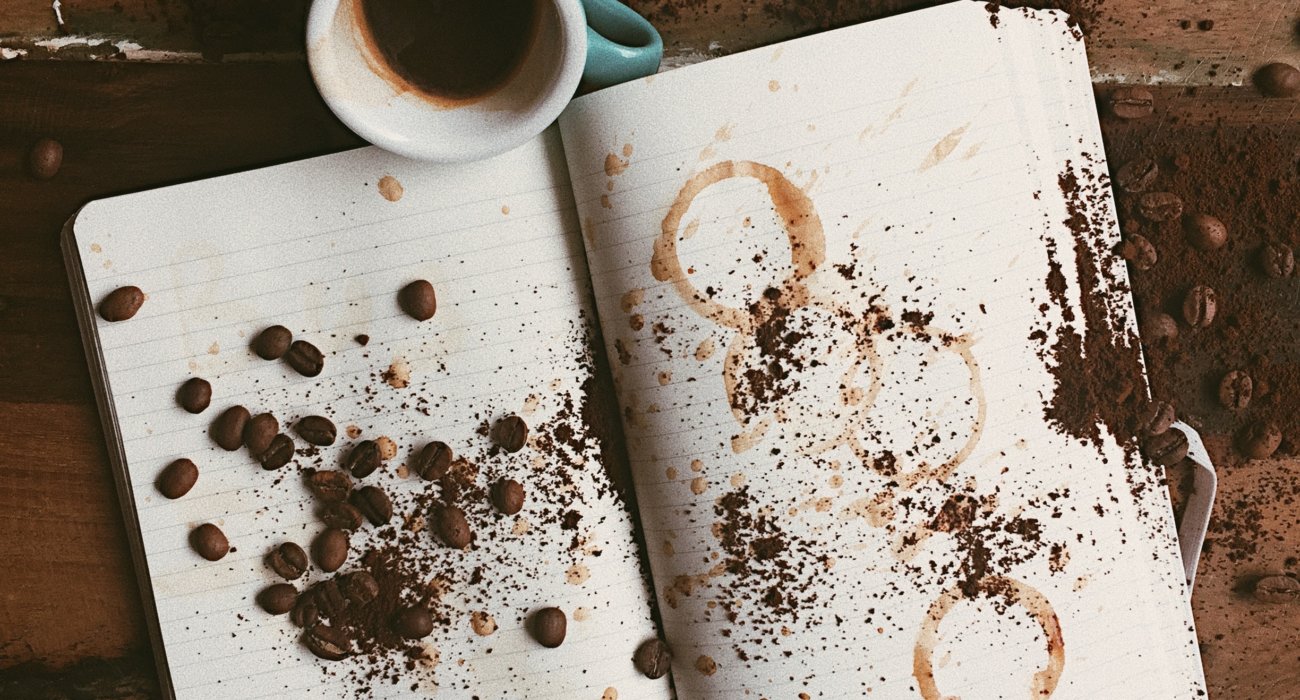 Coffee on top of notebook