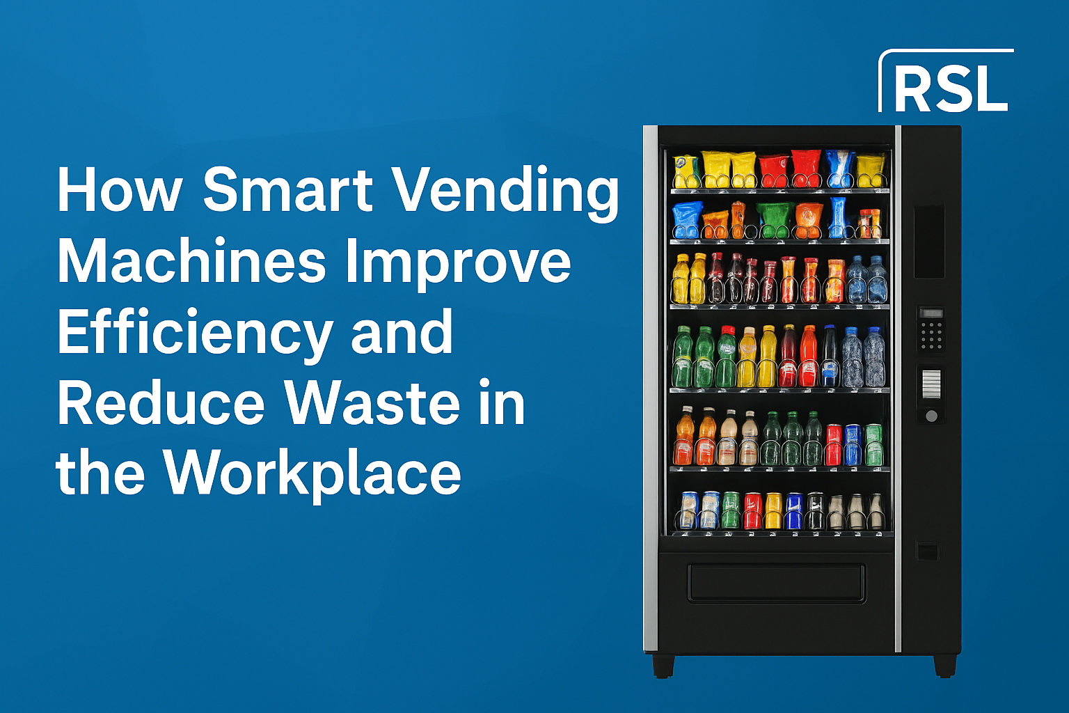 Digital banner featuring a modern smart vending machine stocked with colorful snacks and drinks on the right, with bold white text on the left reading 'How Smart Vending Machines Improve Efficiency and Reduce Waste in the Workplace,' set against a blue geometric background with the RSL logo in the top right corner.
