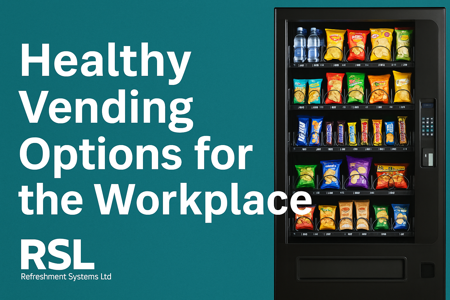 Digital banner showing a healthy vending machine stocked with water bottles, snacks, and nutritious options on the right, with bold white text on a teal background reading 'Healthy Vending Options for the Workplace' and the RSL logo at the bottom left.
